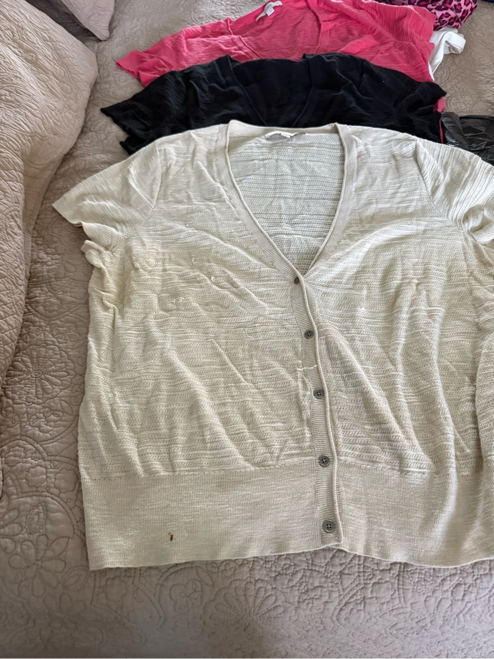 LOFT Cream, black and pink  Short-Sleeve Button Front Cardigan